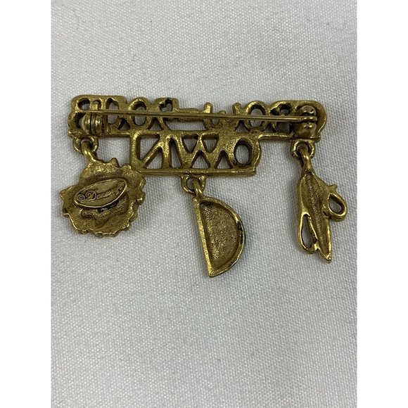 Vintage 1 3/4” Signed Danecraft "Grow Your Own” Brooch With Three Charms Hanging - Picture 2 of 3